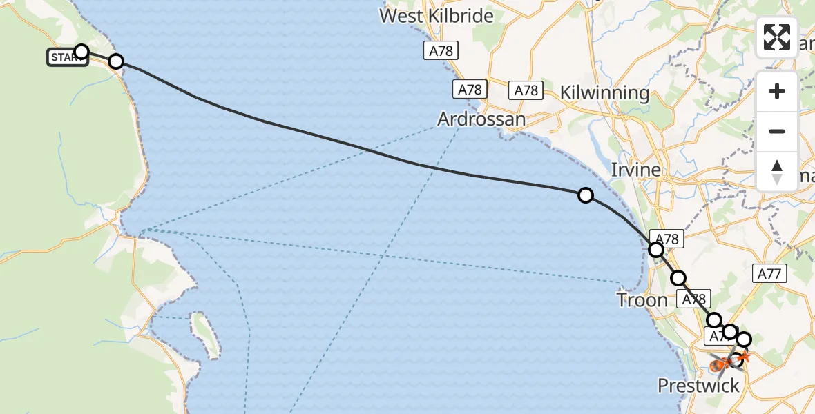 Flight route Coastguard Helicopter North Ayrshire - Glasgow Prestwick Airport, 04 July 2026, 14:08