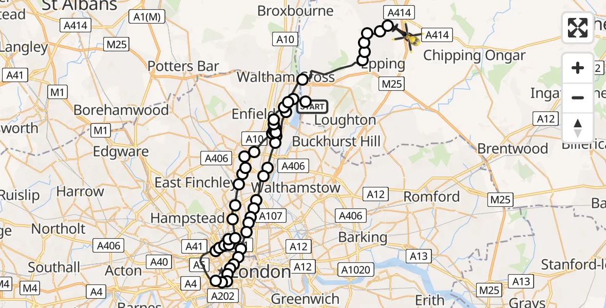 Flight route Police Helicopter Sewardstonebury - North Weald Airfield, 04 July 2026, 14:17
