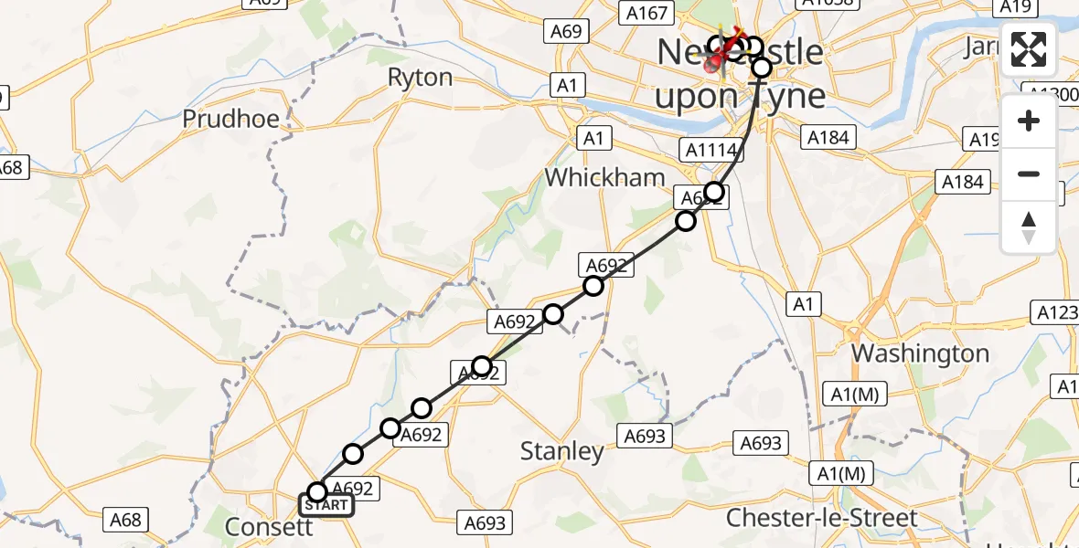 Flight route Air Ambulance Helicopter Leadgate - Newcastle Royal Victoria Infirmary, 04 July 2026, 14:22