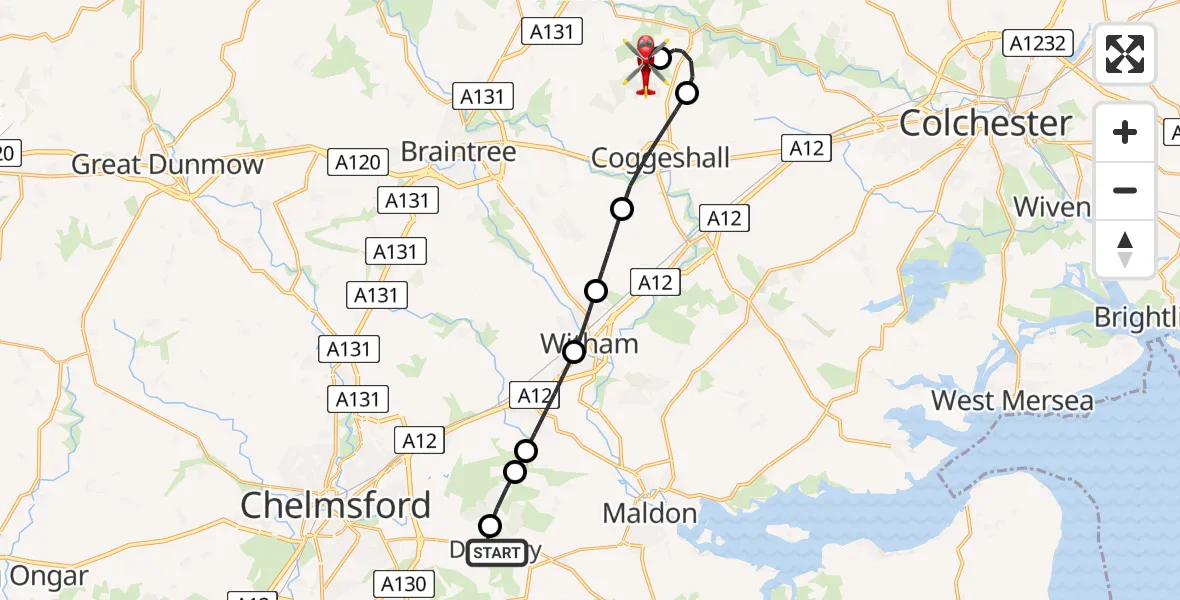 Flight route Air Ambulance Helicopter Danbury - Earls Colne Airfield, 04 July 2026, 14:23