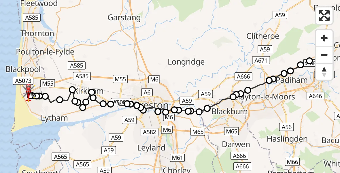 Flight route Air Ambulance Helicopter Burnley - Blackpool Airport, 04 July 2026, 14:23