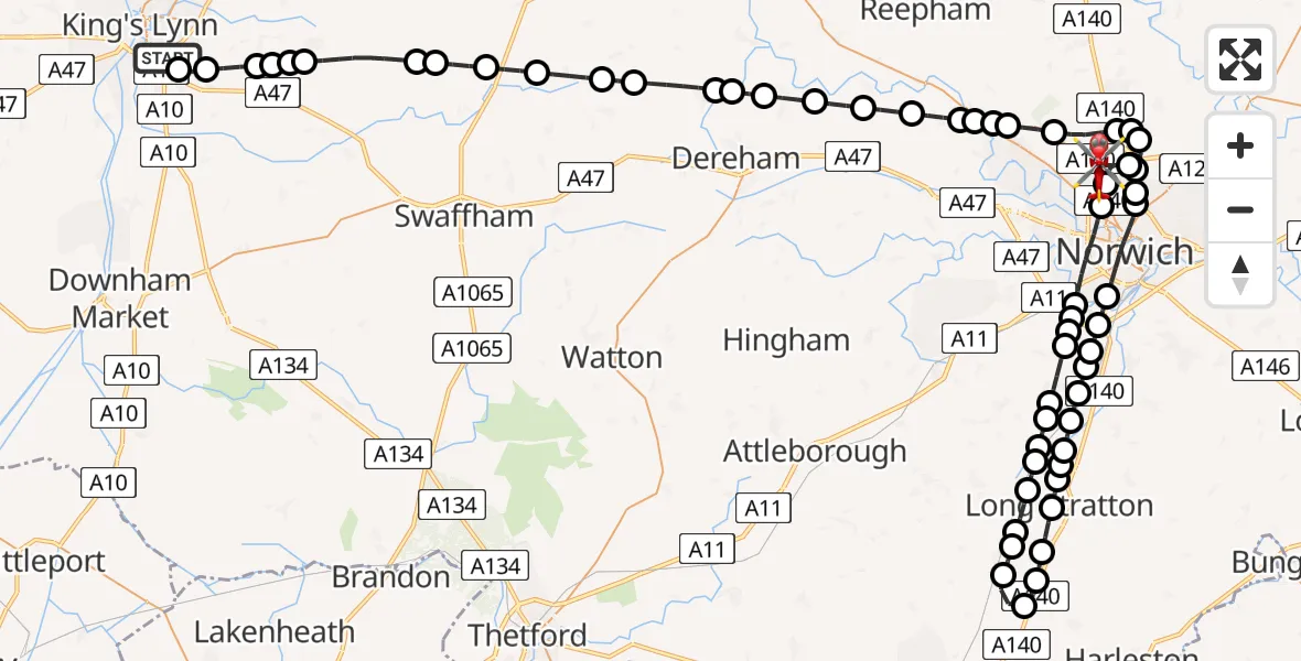 Flight route Air Ambulance Helicopter King's Lynn - Norwich Airport, 04 July 2026, 14:25