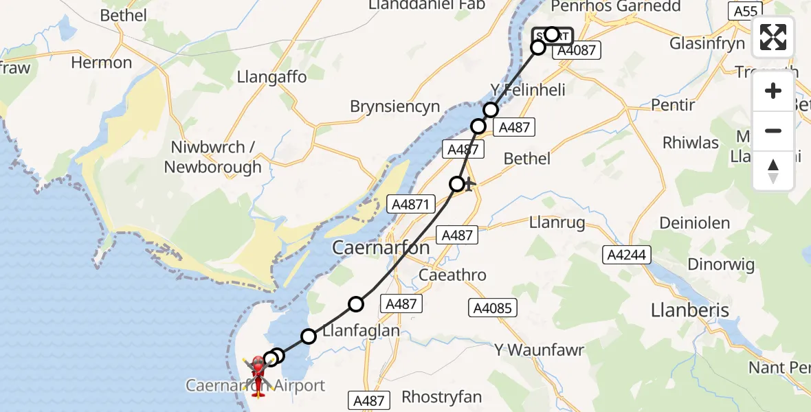 Flight route Air Ambulance Helicopter Aber Pwll - Caernarfon Airport, 04 July 2026, 14:25