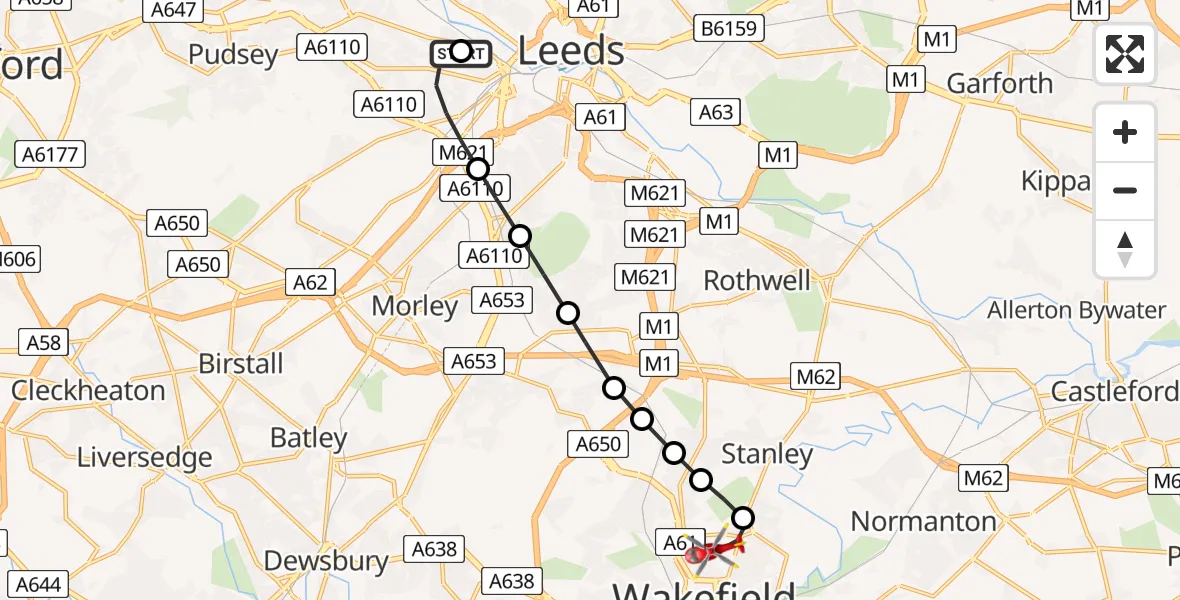 Flight route Air Ambulance Helicopter Armley - Stanley, 04 July 2026, 14:25