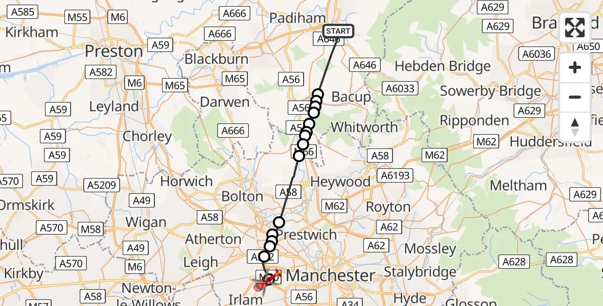 Flight route Air Ambulance Helicopter Burnley - Irlam, 04 July 2026, 14:31