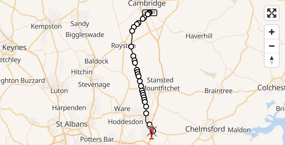 Flight route Air Ambulance Helicopter Papworth Hospital - North Weald Airfield, 04 July 2026, 14:35