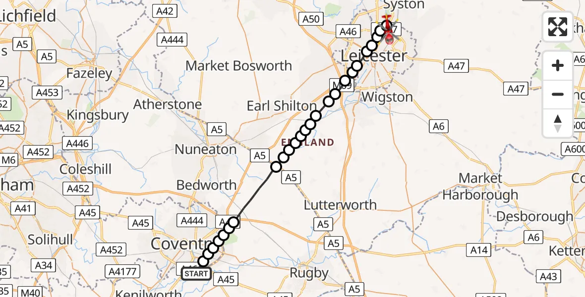 Flight route Air Ambulance Helicopter Coventry Airport - Thurmaston, 04 July 2026, 14:38