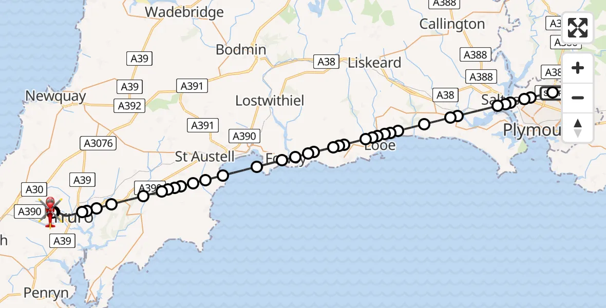 Flight route Air Ambulance Helicopter Derriford Hospital - Treliske Hospital, 04 July 2026, 14:42