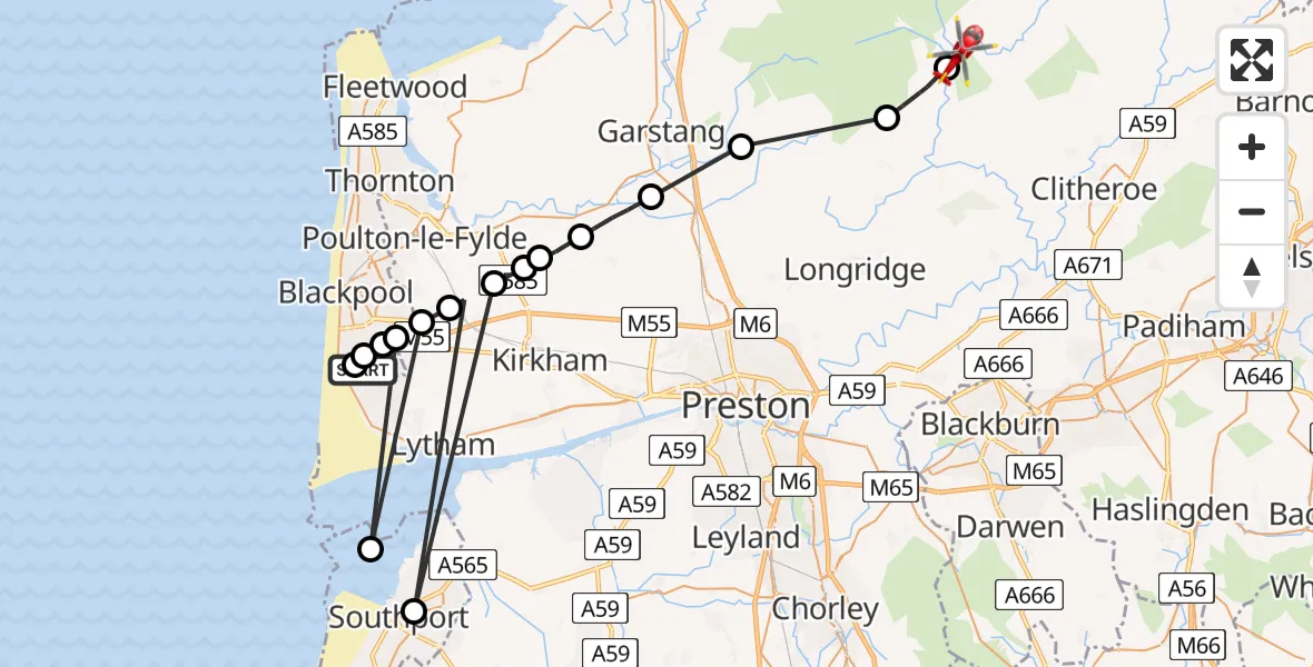 Flight route Air Ambulance Helicopter Blackpool Airport - Dunsop Bridge, 04 July 2026, 14:46