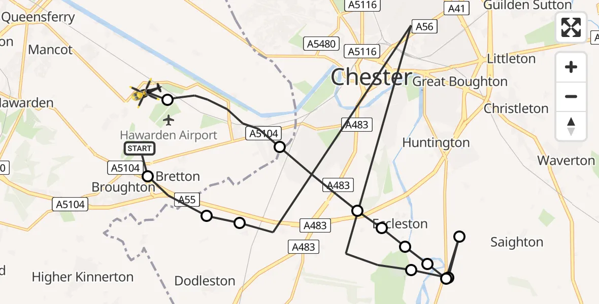 Flight route Police Helicopter Hawarden Airport - Hawarden Airport, 04 July 2026, 14:49