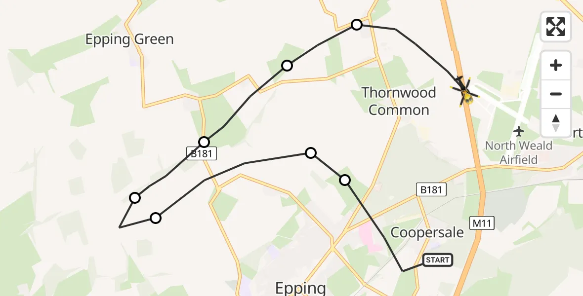 Flight route Police Helicopter Epping - North Weald Bassett, 04 July 2026, 14:50