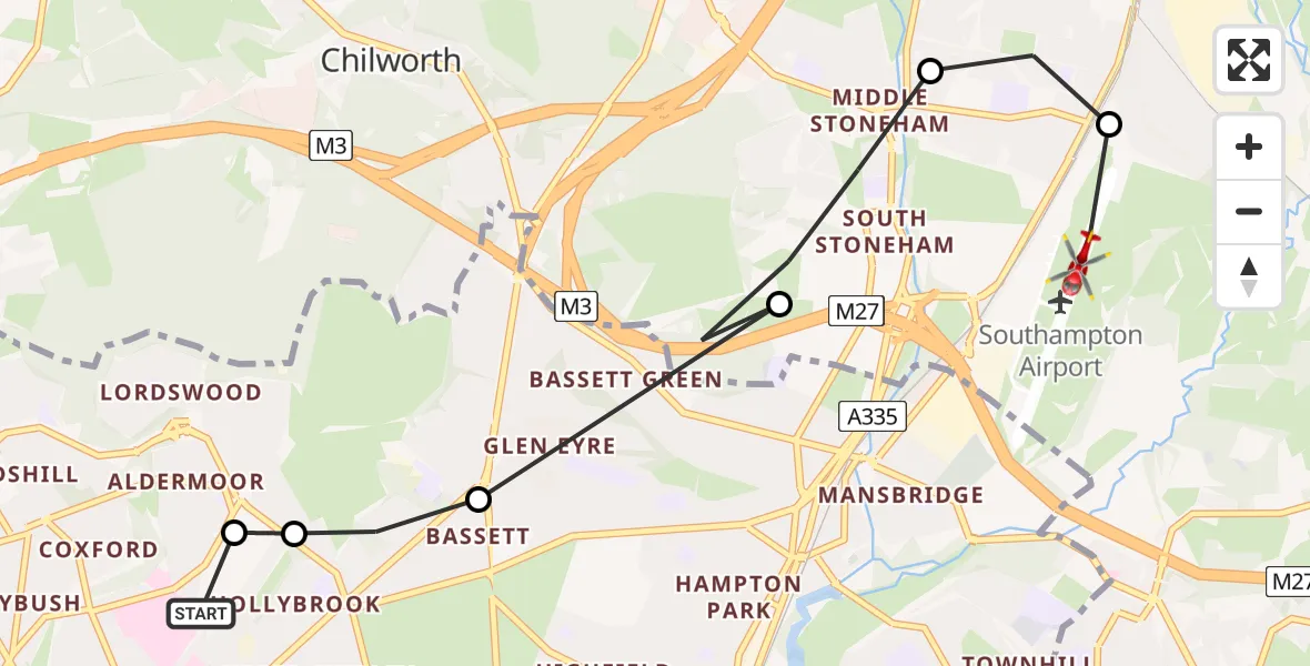 Flight route Air Ambulance Helicopter University Hospital Southampton - Southampton Airport, 04 July 2026, 14:52