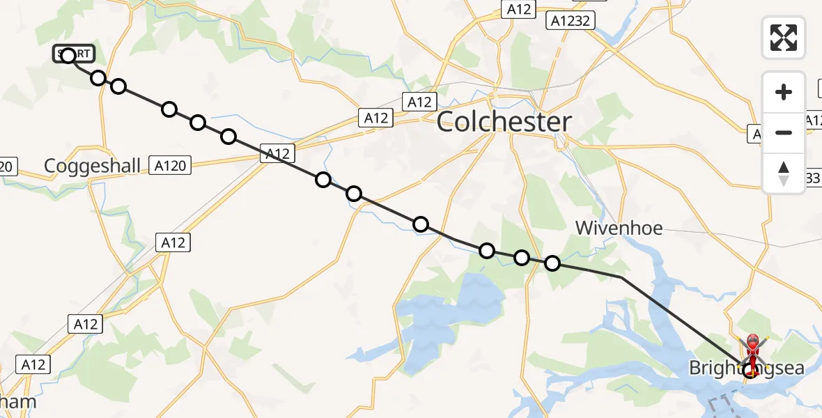 Flight route Air Ambulance Helicopter Earls Colne Airfield - Brightlingsea, 04 July 2026, 14:55