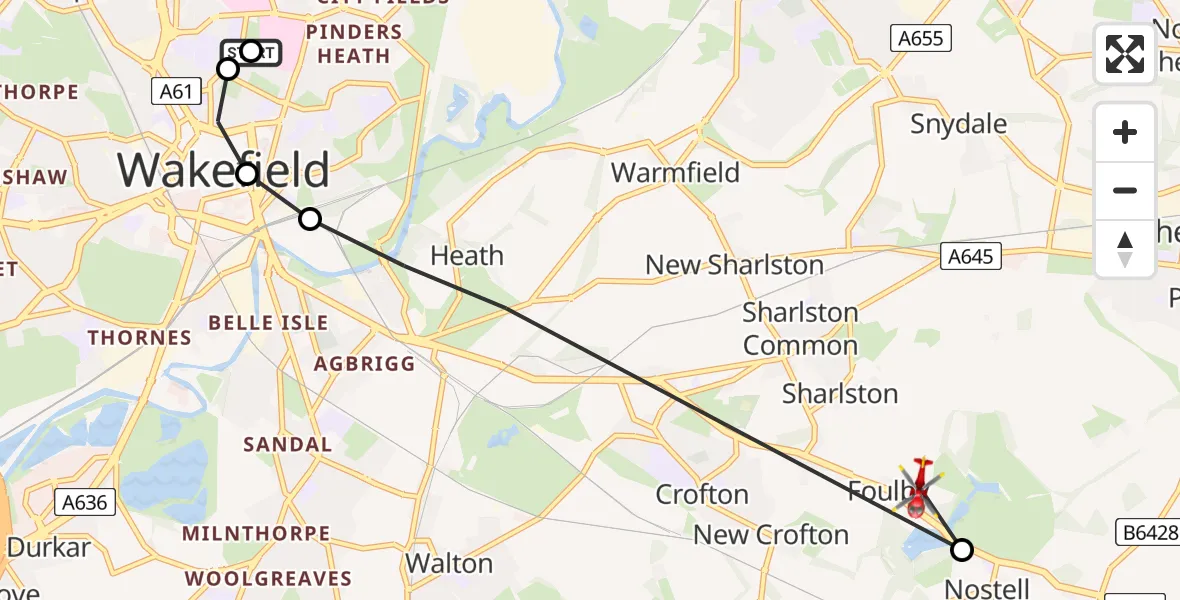 Flight route Air Ambulance Helicopter Newton Hill - YAA Nostell Helicopter Port, 04 July 2026, 15:01