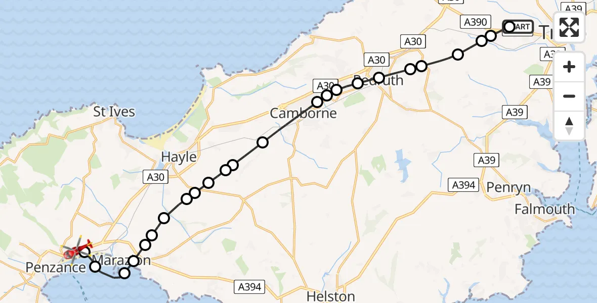 Flight route Air Ambulance Helicopter Treliske Hospital - Penzance Heliport, 04 July 2026, 15:14
