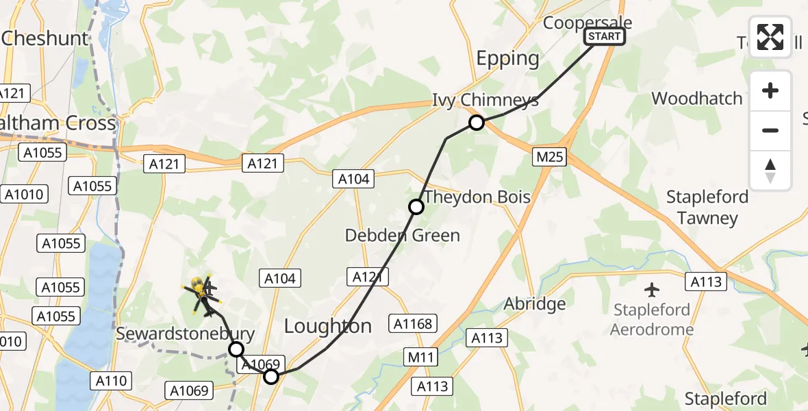 Flight route Police Helicopter Epping - Sewardstonebury, 04 July 2026, 15:27