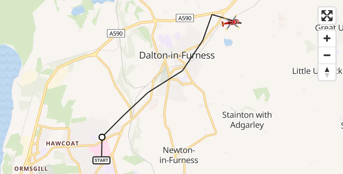 Flight route Air Ambulance Helicopter Barrow in Furness General - Dalton-in-Furness, 04 July 2026, 15:28