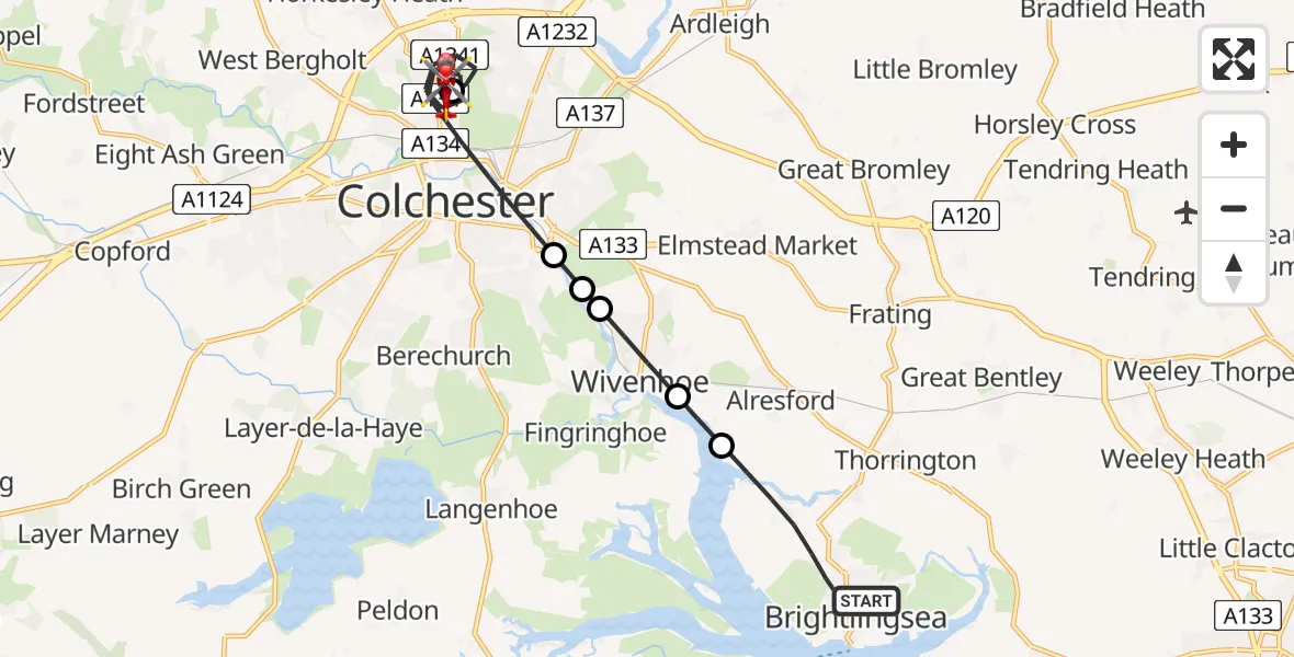 Flight route Air Ambulance Helicopter Brightlingsea - Colchester Hospital, 04 July 2026, 15:36