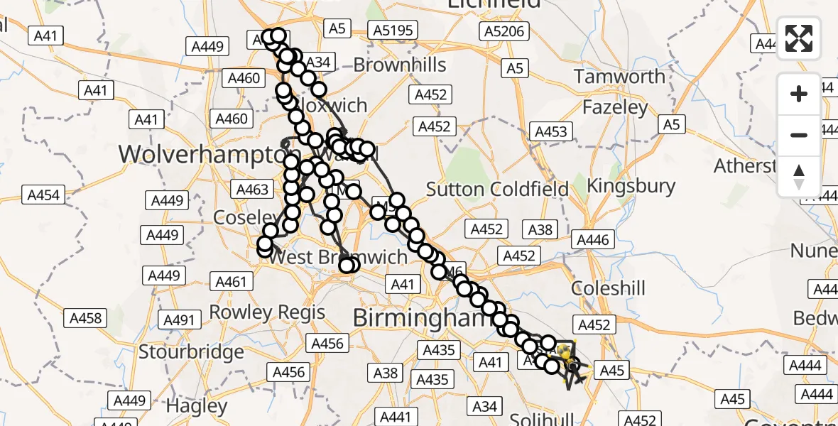 Flight route Police Helicopter Birmingham Airport - Birmingham Airport, 04 July 2026, 15:40