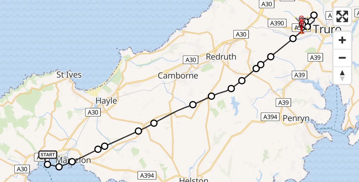 Flight route Air Ambulance Helicopter Penzance Heliport - Treliske Hospital, 04 July 2026, 15:46