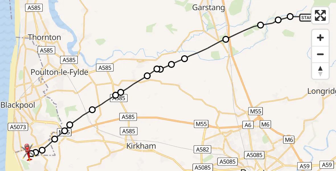 Flight route Air Ambulance Helicopter Ribble Valley - Blackpool Airport, 04 July 2026, 15:48