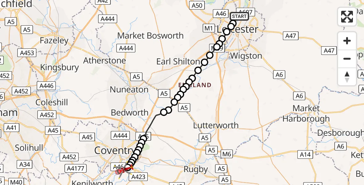 Flight route Air Ambulance Helicopter Belgrave - Coventry Airport, 04 July 2026, 15:48