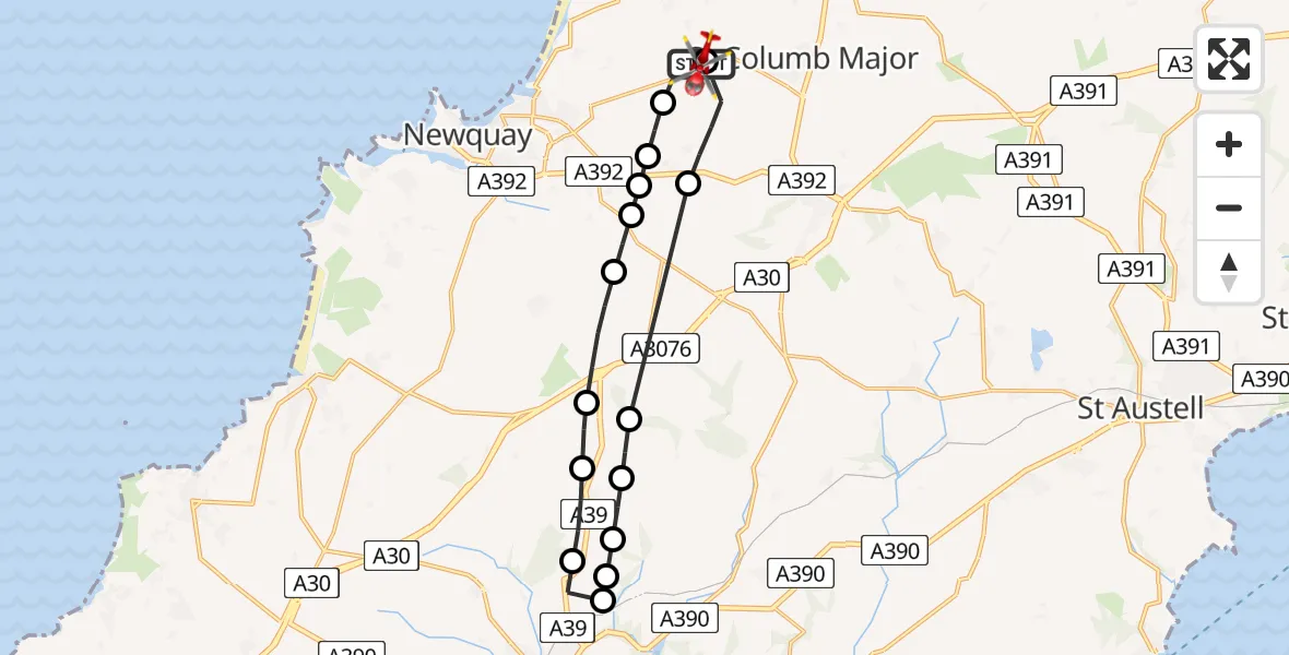Flight route Air Ambulance Helicopter Cornwall Airport Newquay - Cornwall Airport Newquay, 04 July 2026, 16:06