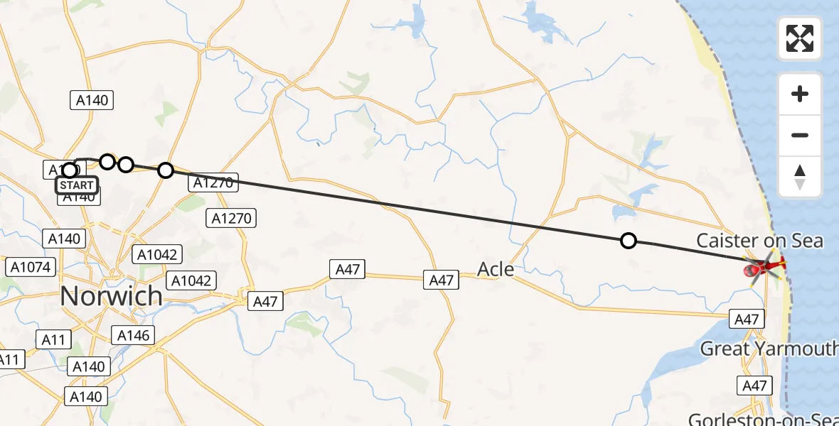 Flight route Air Ambulance Helicopter Norwich Airport - Great Yarmouth, 04 July 2026, 16:07