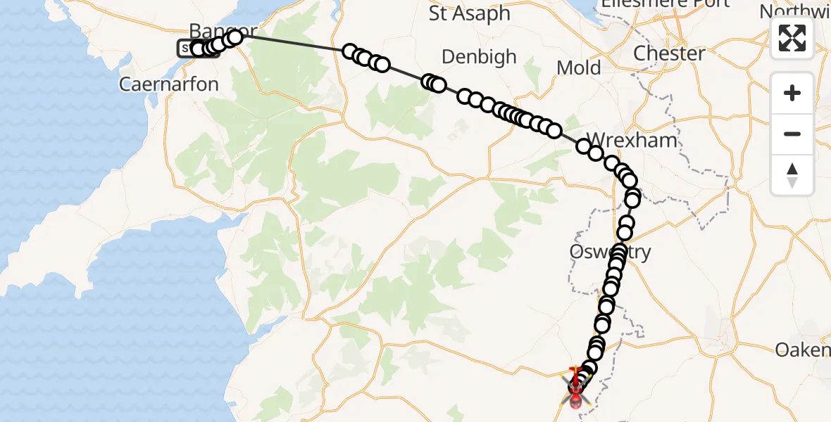 Flight route Air Ambulance Helicopter Aber Pwll - Welshpool Airport, 04 July 2026, 16:09