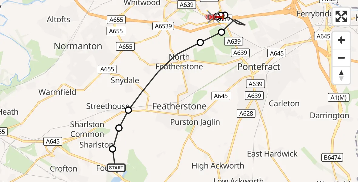 Flight route Air Ambulance Helicopter YAA Nostell Helicopter Port - Castleford, 04 July 2026, 16:27