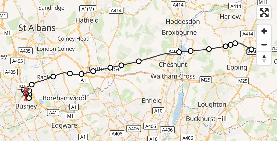 Flight route Air Ambulance Helicopter North Weald Airfield - Bushey, 04 July 2026, 16:27