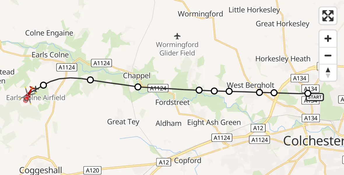 Flight route Air Ambulance Helicopter Colchester Hospital - Earls Colne Airfield, 04 July 2026, 16:28