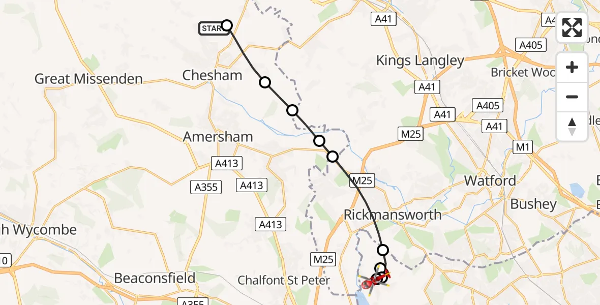 Flight route Air Ambulance Helicopter Chesham Vale Airstrip - Harefield Hospital, 04 July 2026, 16:38