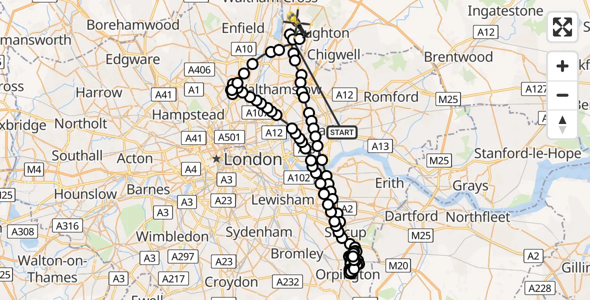 Flight route Police Helicopter Thames View - Metropolitan Police Air Support Unit Lippitts Hill, 04 July 2026, 16:39