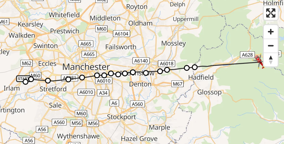 Flight route Air Ambulance Helicopter Manchester Barton Aerodrome - Tintwistle, 04 July 2026, 16:42