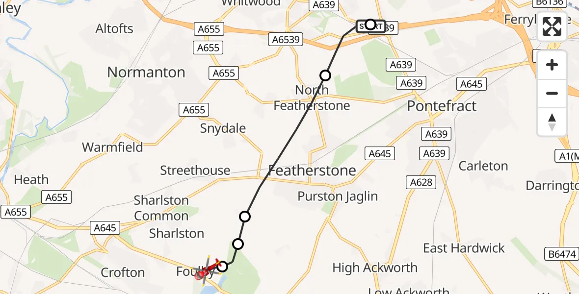 Flight route Air Ambulance Helicopter Castleford - YAA Nostell Helicopter Port, 04 July 2026, 16:48