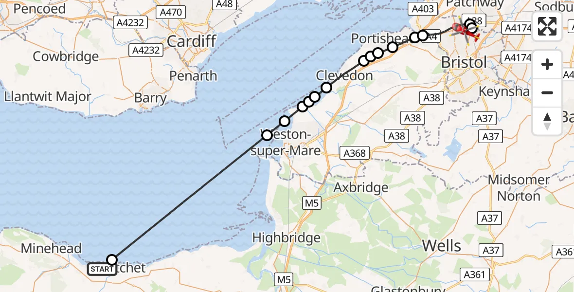 Flight route Air Ambulance Helicopter Old Cleeve - Bristol, 04 July 2026, 16:49