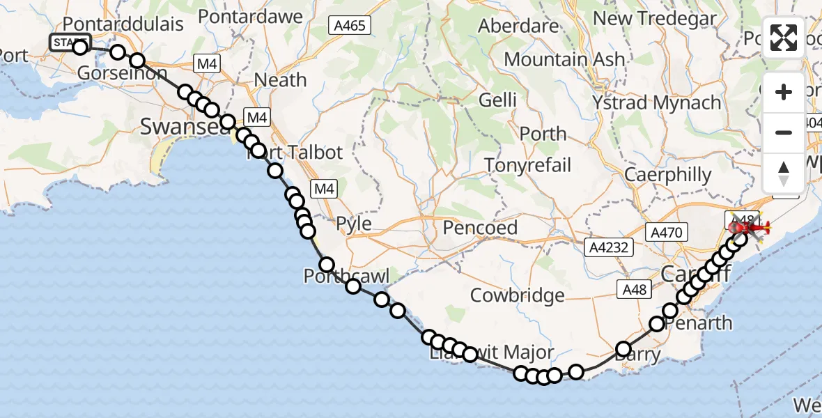 Flight route Air Ambulance Helicopter Dafen - St Mellons, 04 July 2026, 16:56