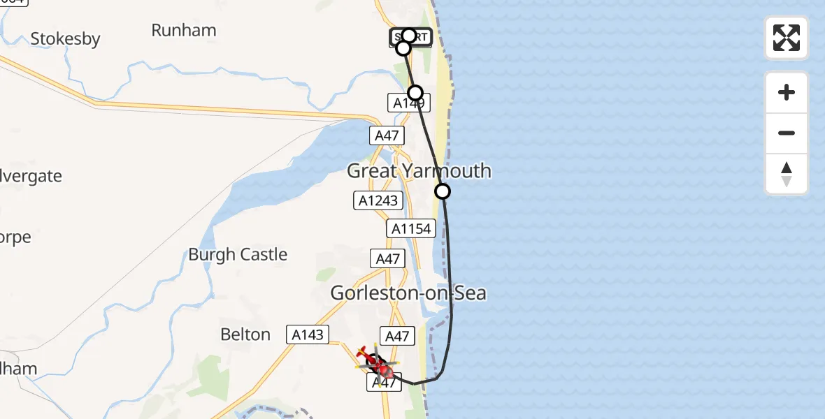 Flight route Air Ambulance Helicopter Caister-on-Sea - James Paget Hospital, 04 July 2026, 17:00
