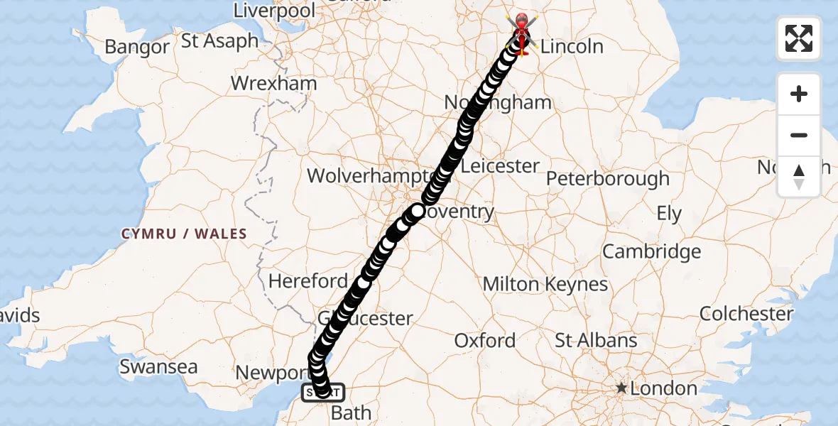 Flight route Air Ambulance Helicopter Southmead Hospital - Retford Gamston Airport, 04 July 2026, 17:19