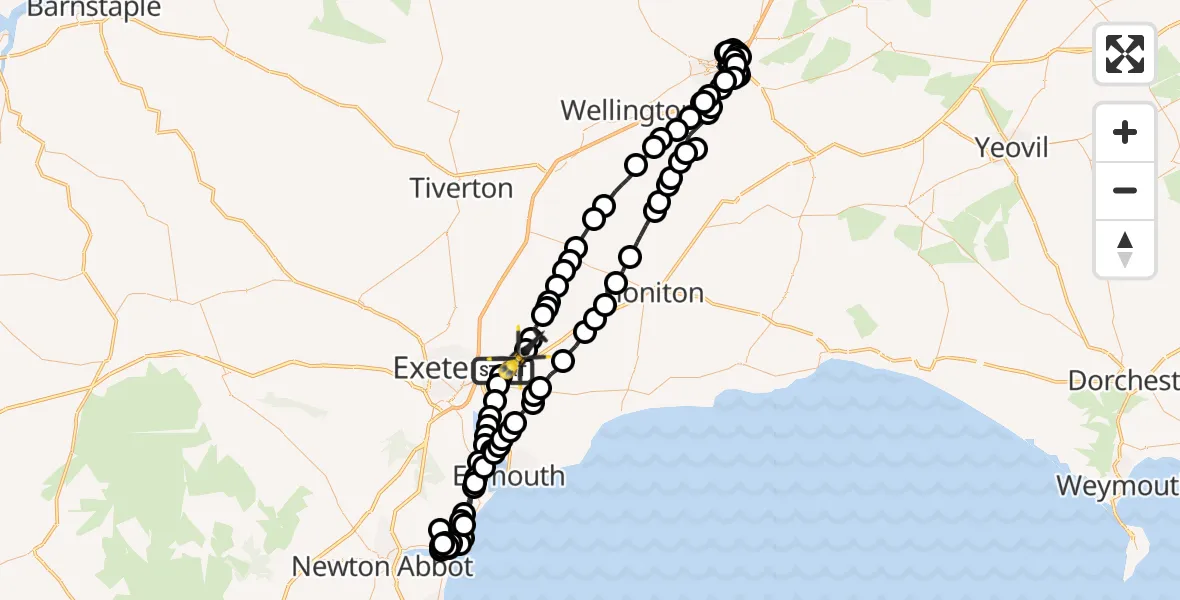Flight route Police Helicopter Clyst Honiton - Rockbeare, 04 July 2026, 17:20