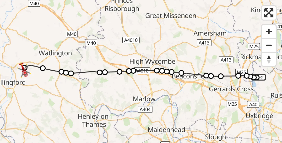 Flight route Air Ambulance Helicopter Harefield Hospital - RAF Benson, 04 July 2026, 17:20