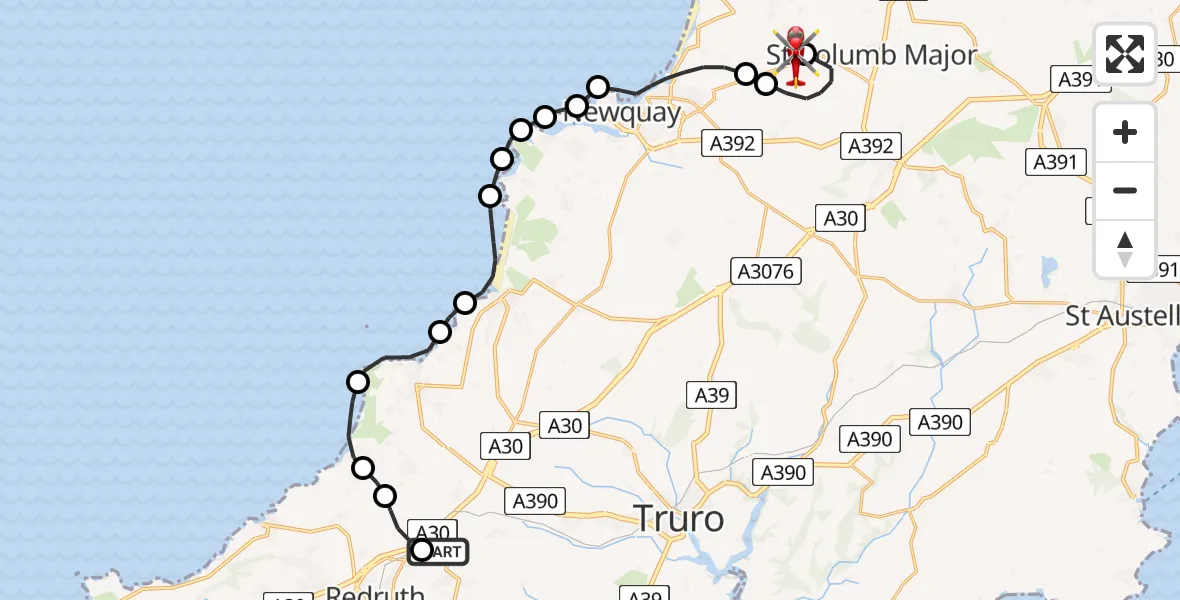 Flight route Air Ambulance Helicopter Scorrier - Cornwall Airport Newquay, 04 July 2026, 17:23