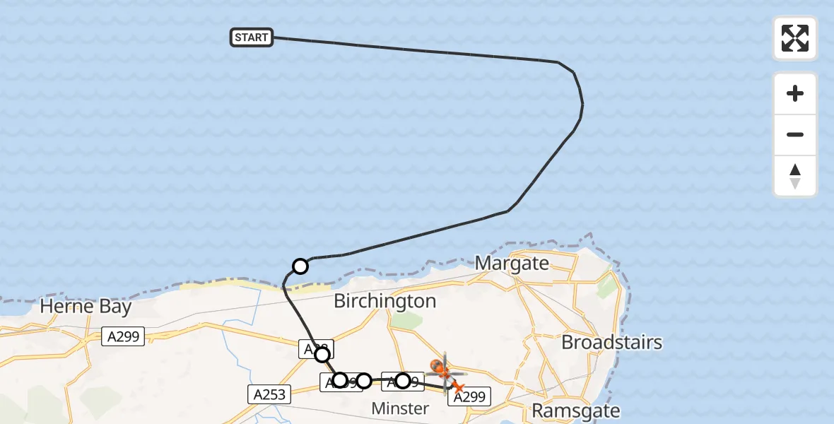 Flight route Coastguard Helicopter North Sea - Manston Airport, 04 July 2026, 17:30