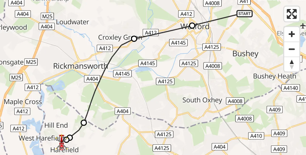 Flight route Air Ambulance Helicopter Bushey - Harefield Hospital, 04 July 2026, 17:35