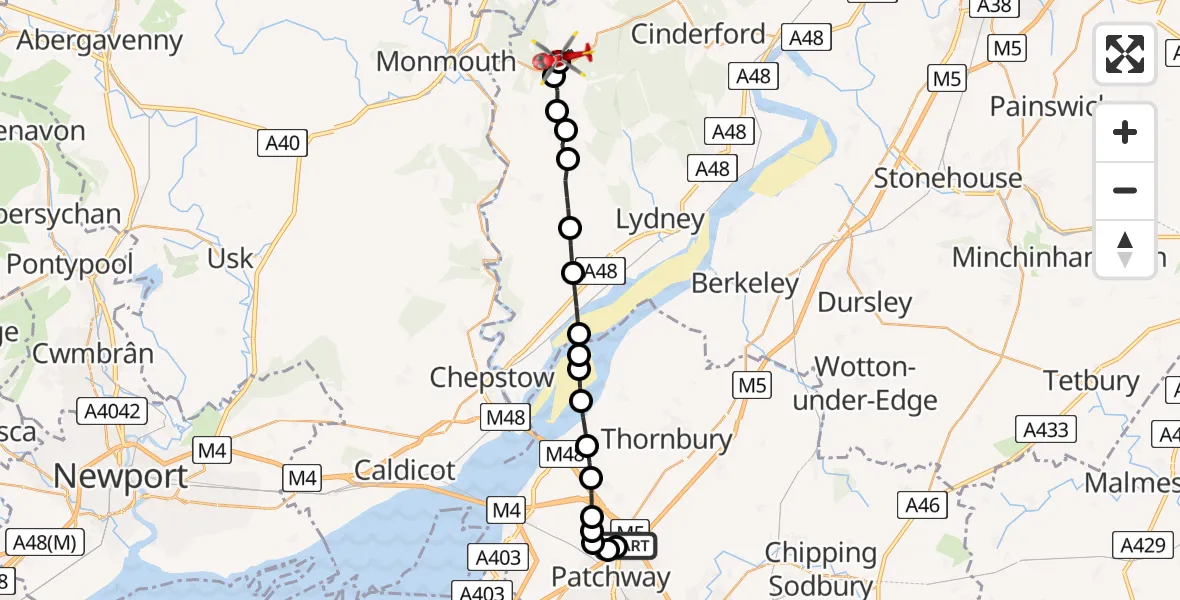 Flight route Air Ambulance Helicopter Almondsbury Helicopter Base - Berry Hill, 04 July 2026, 17:45