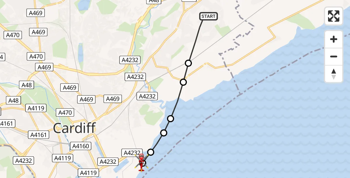 Flight route Air Ambulance Helicopter St Mellons - Cardiff Heliport, 04 July 2026, 17:46