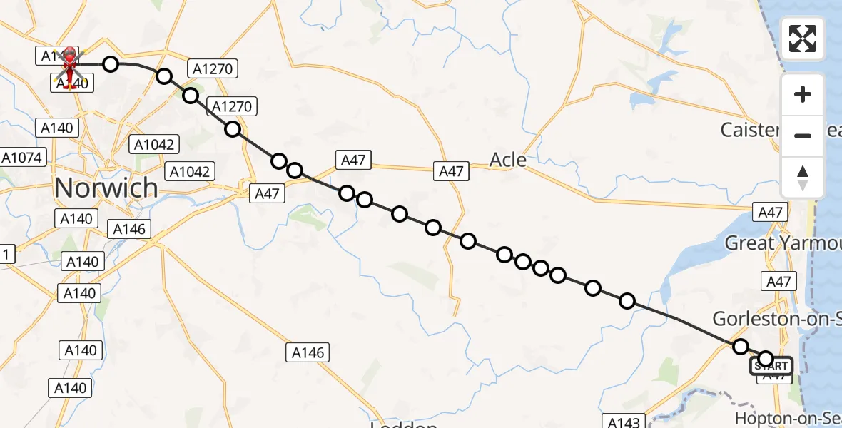 Flight route Air Ambulance Helicopter James Paget Hospital - Norwich Airport, 04 July 2026, 17:54