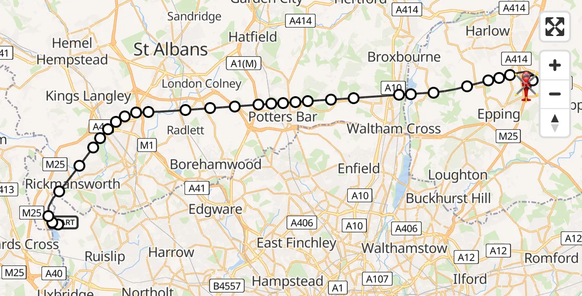 Flight route Air Ambulance Helicopter Harefield Hospital - North Weald Airfield, 04 July 2026, 18:19