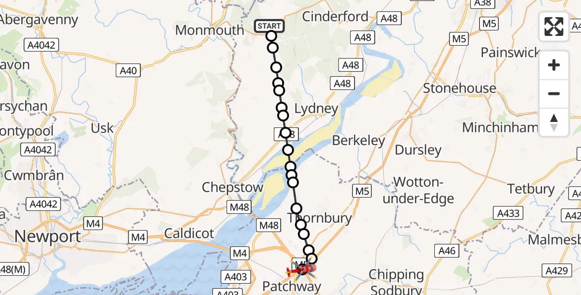Flight route Air Ambulance Helicopter Berry Hill - Almondsbury Helicopter Base, 04 July 2026, 18:20
